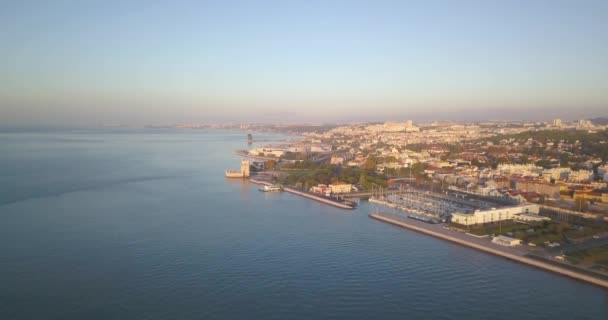 Tower Belem Monument Discoveries Sunrise Lisbon Portugal Europe Air Drone — стокове відео