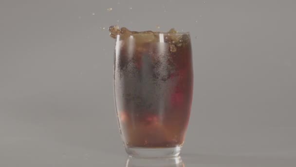 Ice Cubes Falling Glass Cola Slow Motion 240 Fps — Stock Video