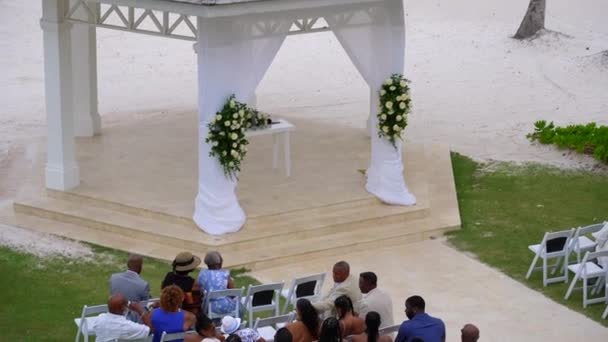 Convidados Casamento Livre Revele Água Azul Oceano Palmeiras Belo Destino — Vídeo de Stock