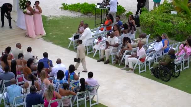 Young Ringbearer Walks Aisle Wedding Tropical Beach Destination — Stock Video