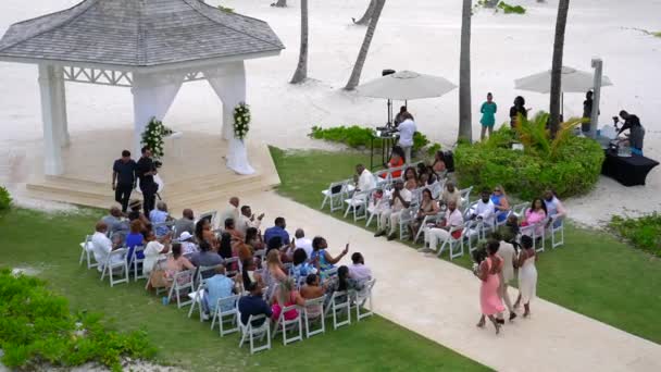 Rodzina Przyjaciele Ślubie Świeżym Powietrzu Afroamerykańska Czarna Ceremonia Tropikalnym Piaszczystym — Wideo stockowe