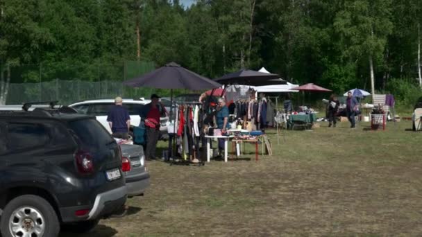 Traditional Local Flee Market Sunny Summer Day Stands Parasol Customers — Stock Video