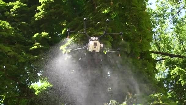 Drone Pulverização Água Fertilizante Para Propriedade Com Árvores Verdes Campo — Vídeo de Stock