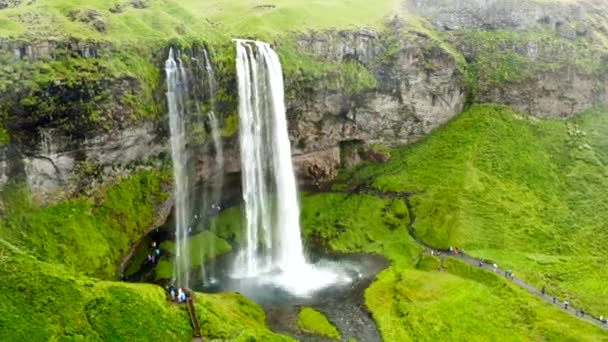 Captura Aérea Drone Cascada Seljalandsfoss Sur Islandia Rodeada Exuberantes Paisajes — Vídeos de Stock