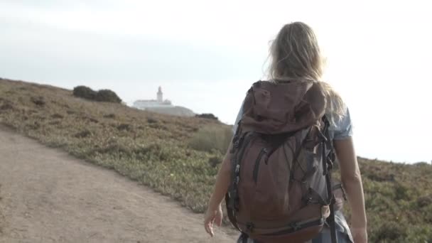 Frau Genießt Beim Wandern Die Aussicht Auf Die Natur Klettert — Stockvideo