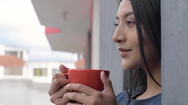 Close Bela Mulher Latina Bebendo Copo Lado Entrada Sua Casa — Vídeo de Stock