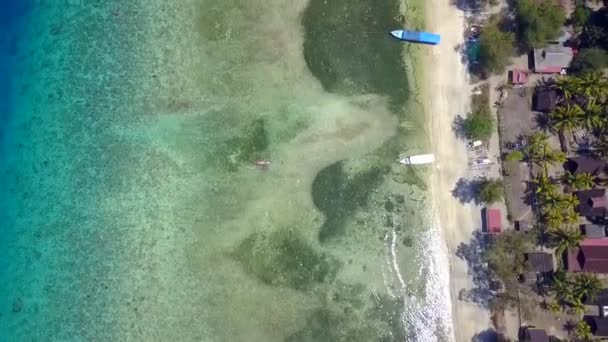 Palmy Malé Chatrče Přímo Pláži Lodě Leží Vodě Ohromující Letecký — Stock video