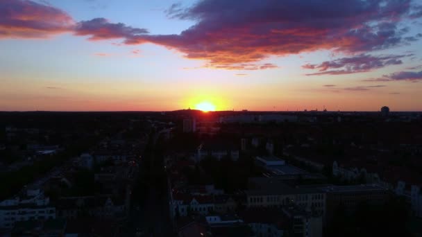 Sun Sets City Pink Cotton Candy Clouds Dramatic Aerial View — Stock Video