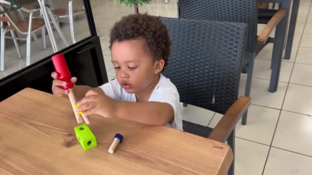 Lindo Inteligente Niño Afro Europeo Dos Años Jugando Con Algunas — Vídeos de Stock