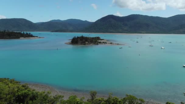 Вид Воздуха Остров Уитсандэй Австралии Пришвартованными Яхтами Горами Заднем Плане — стоковое видео
