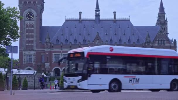 Fredspalatset Nederländska Vredespaleis Med Turister Och Trafik Haag Nederländerna — Stockvideo