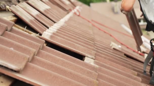 Roof Tiling Work Static Medium Shot Men Work Concept — Stock Video