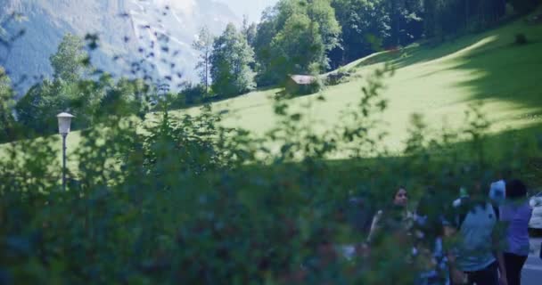 Туристы Прогулки Луг Трава Коттедж Водопад Горы Лаутербруннен Швейцария — стоковое видео