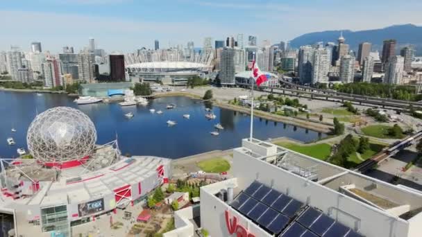 Flying High Rise Building Overlooking Science World Place Rogers Arena — Stock Video