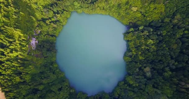 Drone Afdaling Naar Rond Meer Van Turquoise Blauw Water Omgeven — Stockvideo