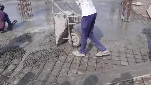 Construction Trolley Wheelbarrow Sand Cement Prepared Workers Concrete Construction Site — Stock Video