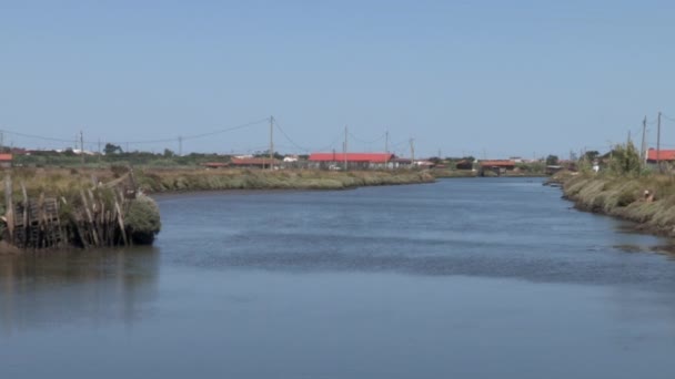 Liten Saltvattenflod Som Levererar Havsvatten Till Fiskdammar Och Saltstekpannor Figueira — Stockvideo