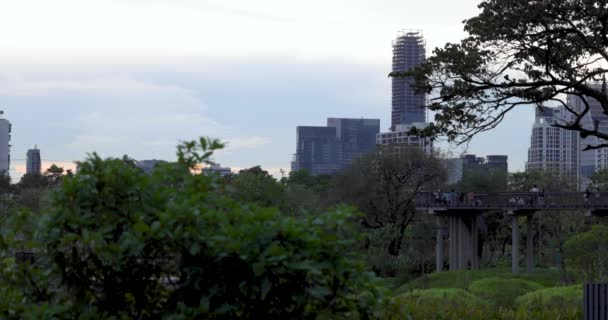 Turistas Caminando Pasarela Elevada Parque Urbano Benjakitti Benchakitti Forest Park — Vídeo de stock