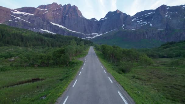 Fotografia Aérea Para Trás Turista Caminhando Estrada Panorâmica Para Nusfjord — Vídeo de Stock