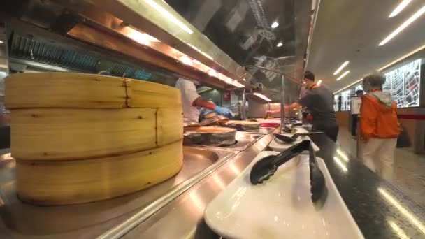 Comida China Singapur Vapor Bambú Buffet Redondo — Vídeo de stock