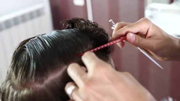 Barbeiro Penteia Cabelo Cliente Antes Cortá — Vídeo de Stock