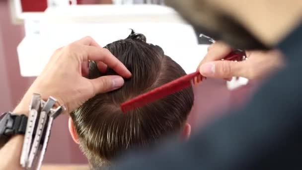 Friseur Kämmt Dem Kunden Die Haare Bevor Sie Schneidet — Stockvideo