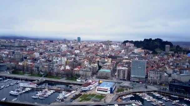 Orbit Travelling Drone Shot City Vigo Galicia Spain Downtown Colored — Stock Video