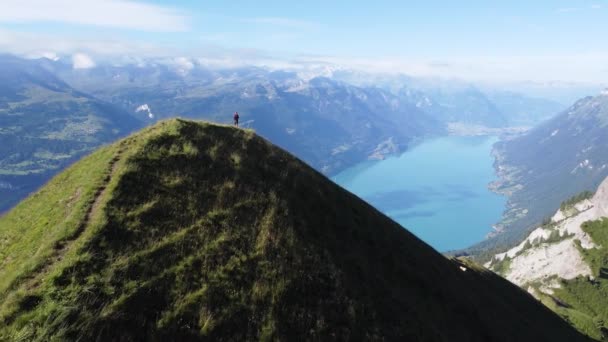 Uomo Che Cammina Sulle Alpi Svizzere Con Vista Sul Lago — Video Stock