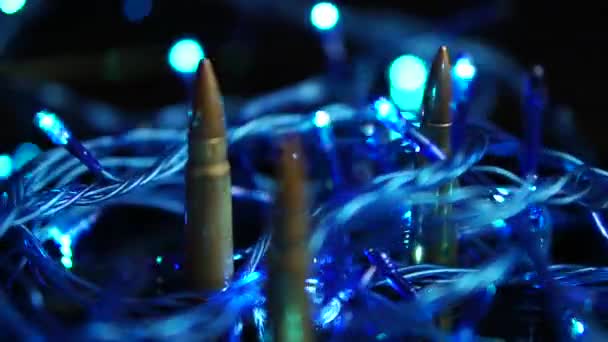 War Christmas Holidays Concept Bullets Lights Decoration Close — Stock Video