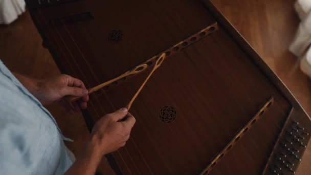 Dulcimer Clássico Appalachian Instrumento Música Tradicional Artista Close Tocando Com — Vídeo de Stock