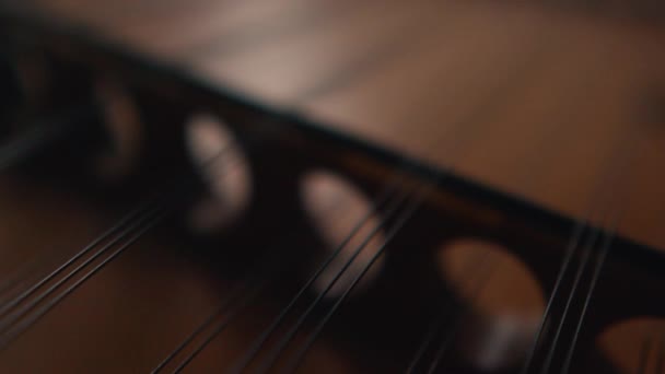 Martelando Corda Dulcimer Extremamente Perto Câmera Lenta Instrumento Musical Tradicional — Vídeo de Stock