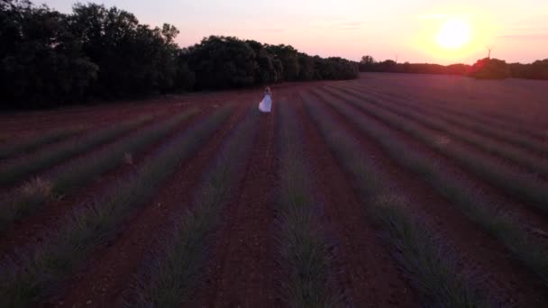 Drone Siguiendo Una Chica Con Vestido Largo Blanco Caminando Escenario — Vídeos de Stock