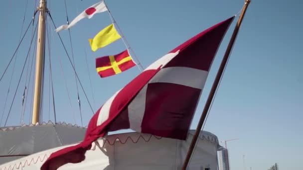 Danimarca Bandiera Sventolando Nel Vento Indietro Del Royal Danish Yacht — Video Stock
