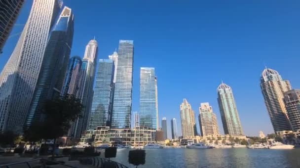Dubai Marina Oae Upscale Residential District Waterfront Dynamic Dramatic Panorama — стокове відео