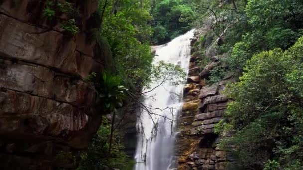 Impressionante Tiro Mão Bela Cachoeira Mosquito Por Trás Folhagem Penhasco — Vídeo de Stock