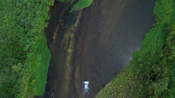 Vue Haut Quatre Roues Motrices Hors Route Traversant Ruisseau Wetland — Video