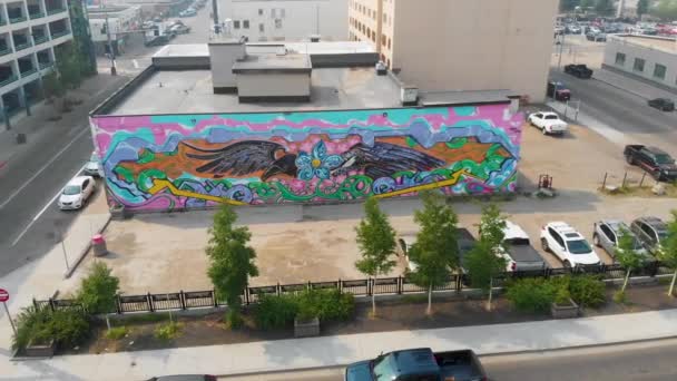 Drone Video Mural Downtown Fairbanks Αλάσκα Μια Ηλιόλουστη Μέρα Του — Αρχείο Βίντεο