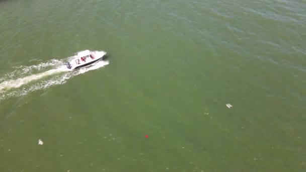 Antenne Van Een Dubbele Buitenboordmotor Sport Vissersboot Die Zijn Weg — Stockvideo