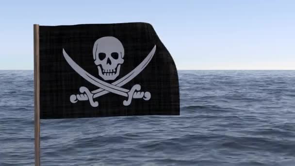 Geanimeerde Piratenvlag Met Schedel Kruisbeenderen Kabbelend Wind Zee — Stockvideo
