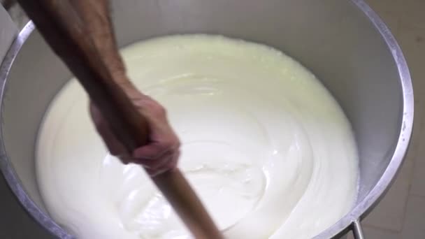 用木桨棒手工制作莫扎瑞拉奶酪生产及制作方法的研究 工人搅拌速度慢 纺纱拉力大 新鲜液体凝乳在不锈钢容器中的应用 — 图库视频影像