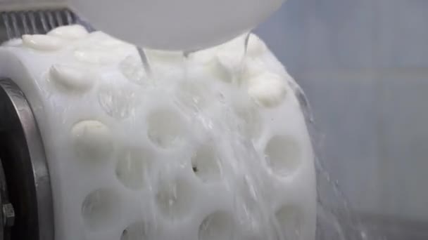 Fabricación Producción Proceso Fabricación Queso Mozzarella Verter Agua Dulce Rueda — Vídeo de stock