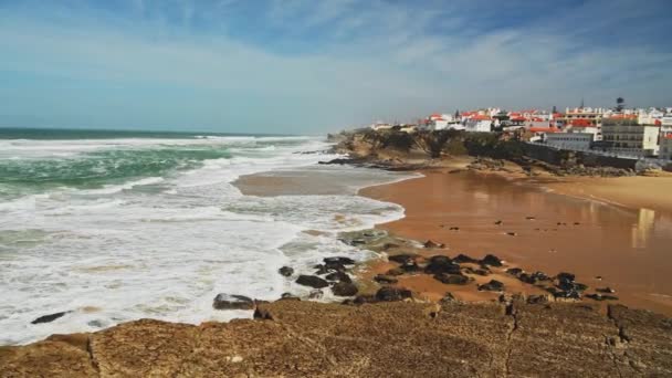 Aerial Drone View Sandy Beach Lisbon Portugal Praia Das Macas — 비디오