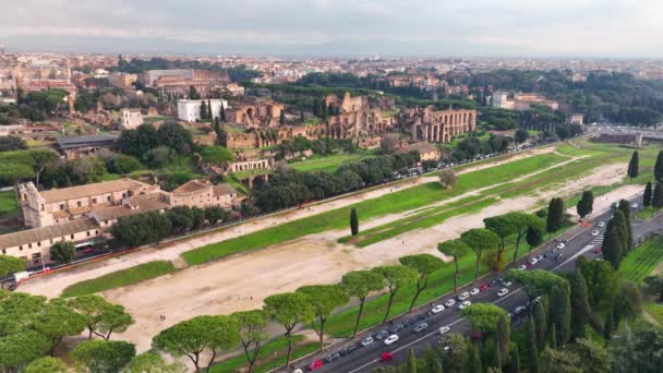 Luchtvlieg Drone Uitzicht Iconische Circus Maximus Een Groene Ruimte Overblijfselen — Stockvideo