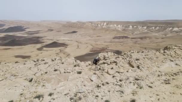 Zoom Deserto Pedregoso Drone Relevo Único Terra Erosão Geológica Caminhante — Vídeo de Stock