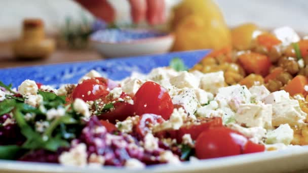 Condimentarea Unei Salate Legume Mixte Colorate Semințe Susan Unghi Scăzut — Videoclip de stoc