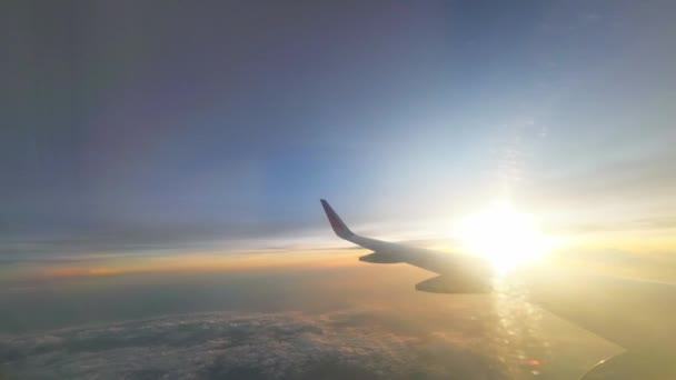 在新加坡飞机场降落的飞行窗口景观印度航空公司日落日出在飞机机翼处 — 图库视频影像
