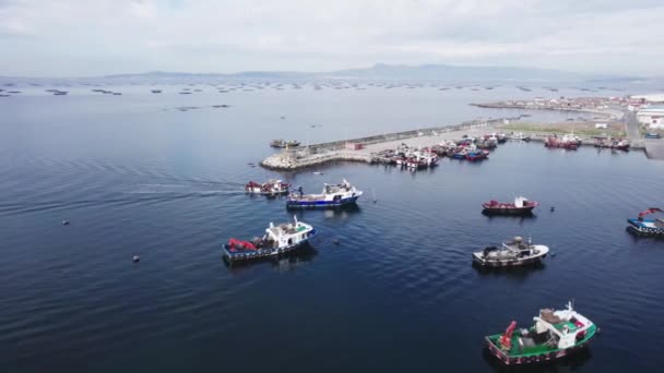 Aerial Drone Shot Beautiful Fishing Motor Port Yachts Docked Cloudy — Vídeos de Stock