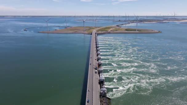 Hoog Panoramisch Uitzicht Deltawerken Het Windmolenpark Zeeland Aan Oosterschelde — Stockvideo