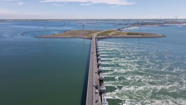 Drone Flight Delta Works Netherlands High Current Bridge Huge Water — Stock Video