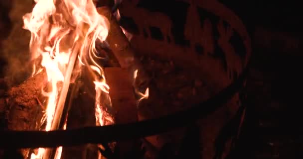 Slow Motion Person Putting Log Keep Fire Going — Stock Video